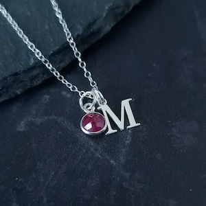 May include: A silver necklace with a red gemstone and a silver charm with the letter 'M'.