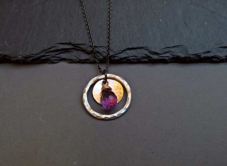 Amethyst pendant necklace, Amethyst necklace, Silver circle pendant necklace, gold pendant necklace, Amethyst jewelry, February birthstone image 2