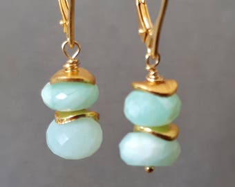 Blue opal earrings, Peruvian blue opal drop earrings, October wife gift, blue opal and gold earrings, Peruvian blue opal dangle earrings,