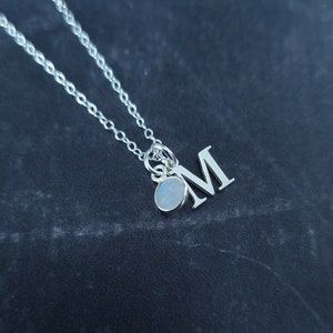 Sterling Silver Initial Necklace: June Moonstone Birthstone, Gemini Gift