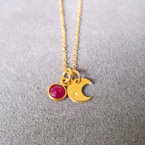 Gold moon necklace for women , ruby pendant July birthstone necklace, crescent moon charm necklace, ruby birthstone necklace gift