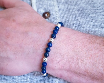 Lapis Lazuli Beaded Bracelet for Men: Sterling Silver Gemstone Jewelry