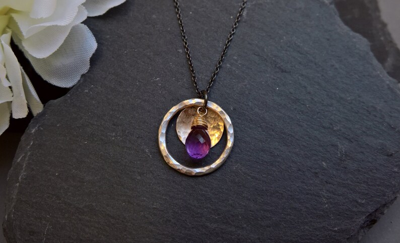 Amethyst pendant necklace, Amethyst necklace, Silver circle pendant necklace, gold pendant necklace, Amethyst jewelry, February birthstone image 3