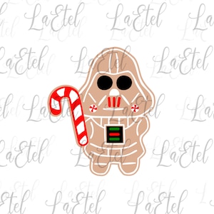 May include: A gingerbread cookie decorated to look like Darth Vader from Star Wars, holding a candy cane. The cookie is brown with black and red details.