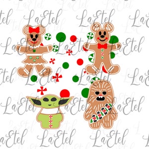 May include: Four gingerbread cookies decorated with icing and sprinkles. The cookies are shaped like a bear, a bear, Chewbacca, and Baby Yoda. The cookies are on a white background.