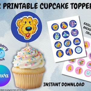 Può includere: Un cupcake con un topper a forma di cerchio blu con la faccia di un orso dei cartoni animati. Accanto ci sono topper per cupcake stampabili con vari personaggi dei cartoni animati. Il testo recita: "12 Printable Cupcake Toppers", "Cambia facilmente il colore dello sfondo!" e "Download istantaneo".