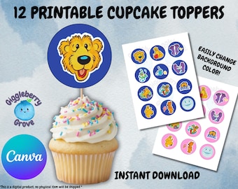 May include: A cupcake topped with a blue circle featuring a cartoon bear face. Beside it are printable cupcake toppers with various cartoon characters. The text reads "12 Printable Cupcake Toppers", "Easily Change Background Color!", and "Instant Download".