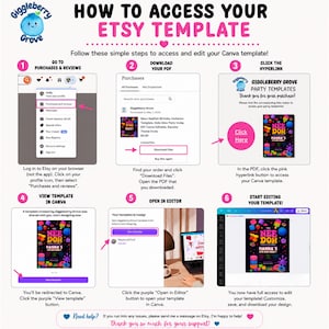 May include: An instructional infographic titled How to Access Your Etsy Template by Giggleberry Grove. It features six numbered steps with screenshots showing how to navigate Etsy purchases, download a PDF, click a hyperlink, and edit in Canva.