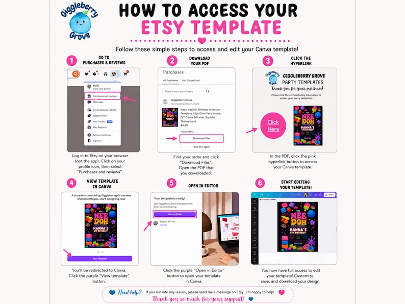 May include: An instructional infographic titled How to Access Your Etsy Template by Giggleberry Grove. It features six numbered steps with screenshots showing how to navigate Etsy purchases, download a PDF, click a hyperlink, and edit in Canva.