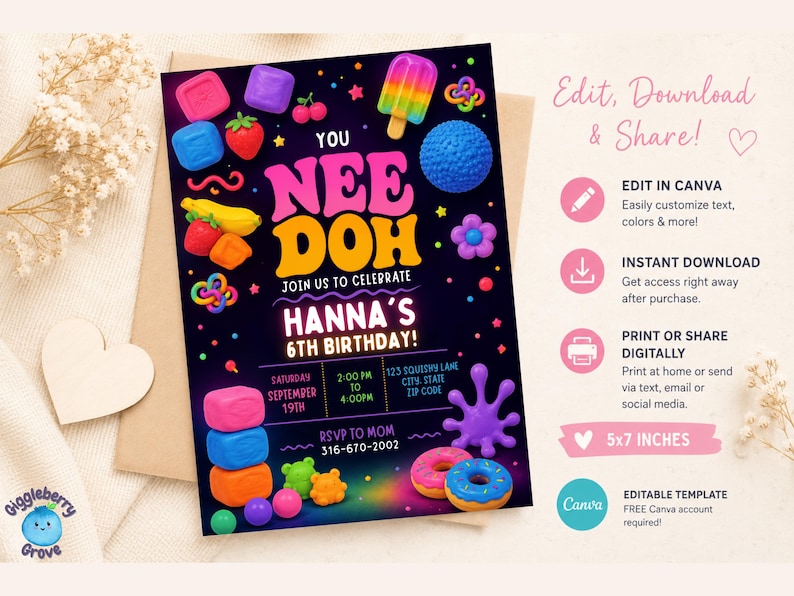 May include: A 5x7 inch birthday invitation template featuring a dark background with colorful squishy toy graphics. Text includes YOU NEE DOH, JOIN US TO CELEBRATE, HANNA'S 6TH BIRTHDAY, and placeholders for date, time, location, and RSVP information.