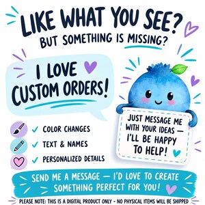 May include: A digital graphic featuring a blue blueberry character holding a sign that reads: JUST MESSAGE ME WITH YOUR IDEAS &mdash; I'LL BE HAPPY TO HELP! The text above states: LIKE WHAT YOU SEE? BUT SOMETHING IS MISSING? I LOVE CUSTOM ORDERS!