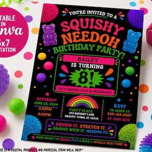 Peut inclure: Une carte d'invitation d'anniversaire noire avec du texte et des graphismes colorés. Le texte indique : YOU'RE INVITED TO A SQUISHY NEEDOH BIRTHDAY PARTY! BAILEY IS TURNING 8! SATURDAY JUNE 22, 2024 2:00PM-4:00PM. PARTY PLACE 123 SQUISHY LANE GROOVY TOWN, ST 12345.