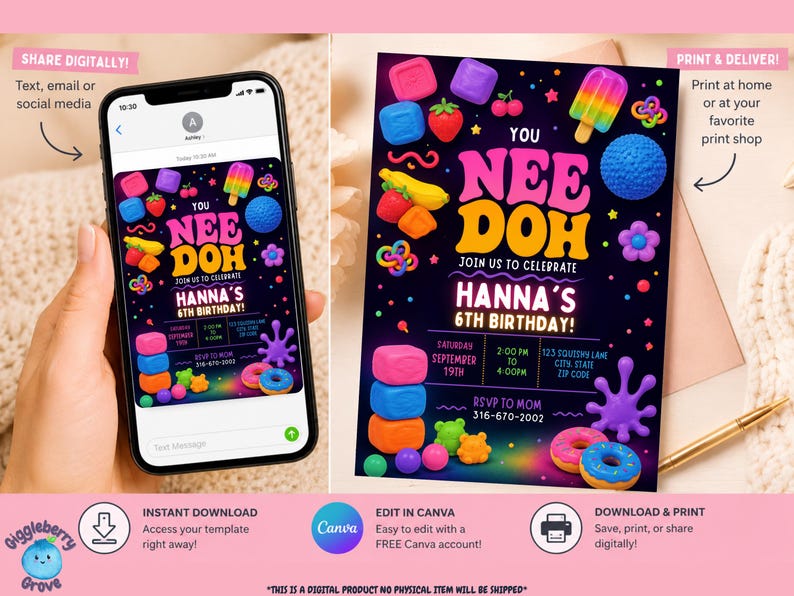 May include: A digital birthday invitation template featuring a dark background with colorful Nee Doh sensory toys, including cubes, spheres, and fruit shapes. The text reads: You Nee Doh, Join us to celebrate Hanna's 6th birthday, Saturday September 19th, 2:00 PM to 4:00 PM, 123 Squishy Lane, RSVP to Mom 316-670-2002.