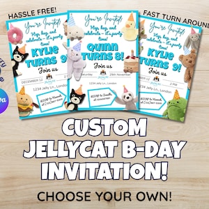 May include: Custom Jellycat birthday invitations with a blue border. Each invitation features a different Jellycat plush toy and the text "You're Invited!" and "Kylie Turns 9!" or "Quinn Turns 8!" The invitations are customizable.