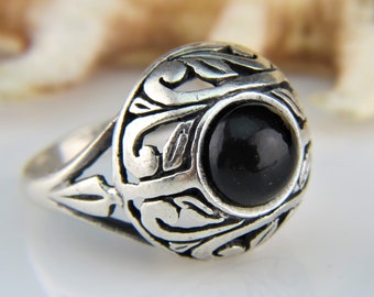 Anello in argento sterling Onice nero Bali Filigrana Scroll High Dome Cabochon #ReFindJewels