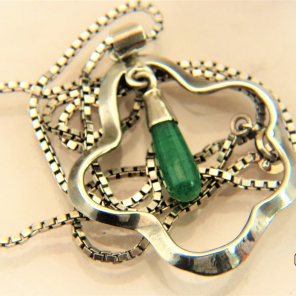 Vintage Sterling TAXCO Mexico Necklace Miguel Melendez Green Jade Drop Pendant Chain12.5 grams