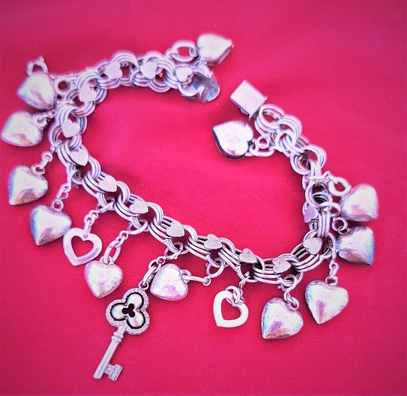 Charm Bracelet Vintage Sterling Silver Puffy Heart Diamond Padlock Key 1940's 32.64g #ReFindJewels