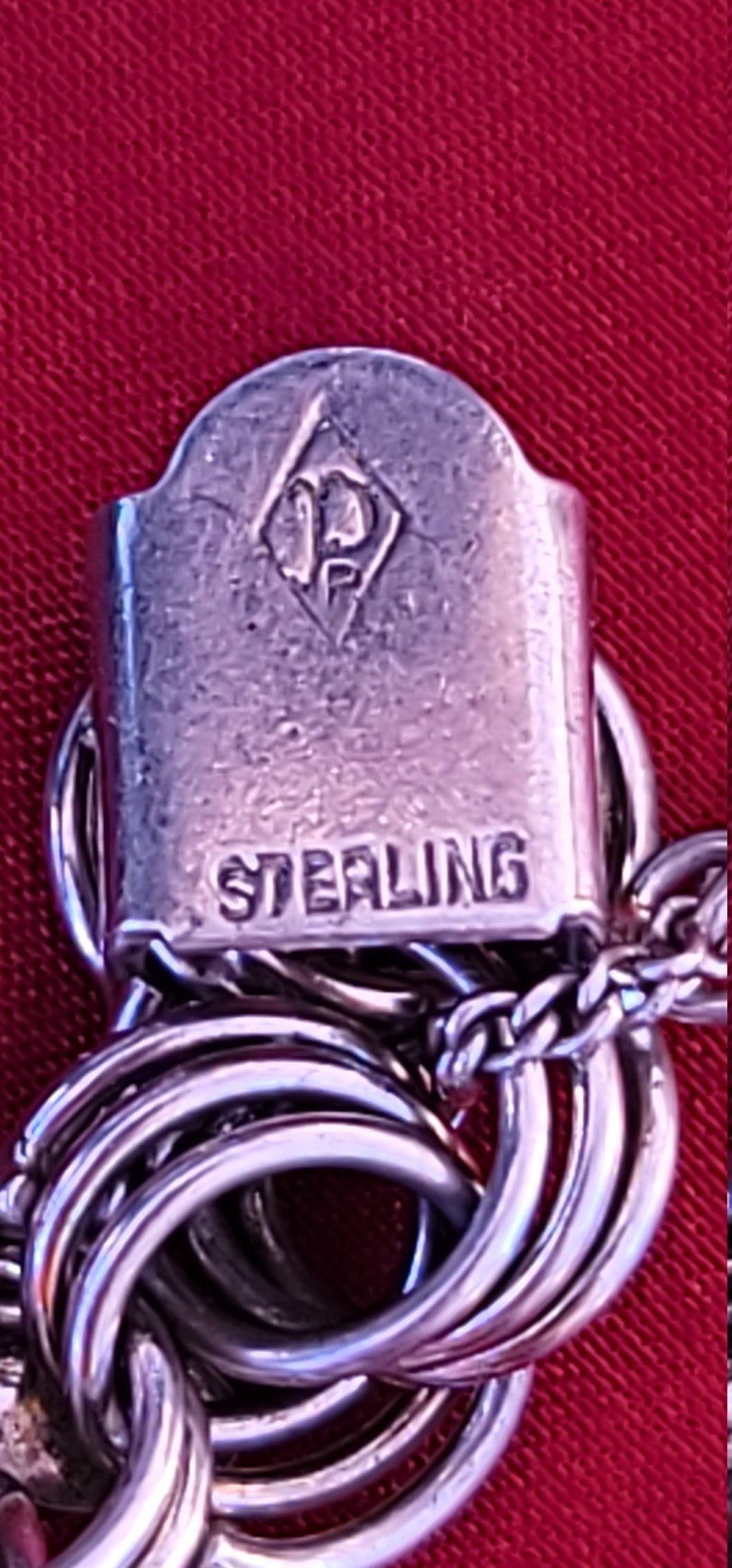 Charm Bracelet Vintage Sterling Silver Puffy Heart Diamond Padlock Key 1940's 32.64g image 4