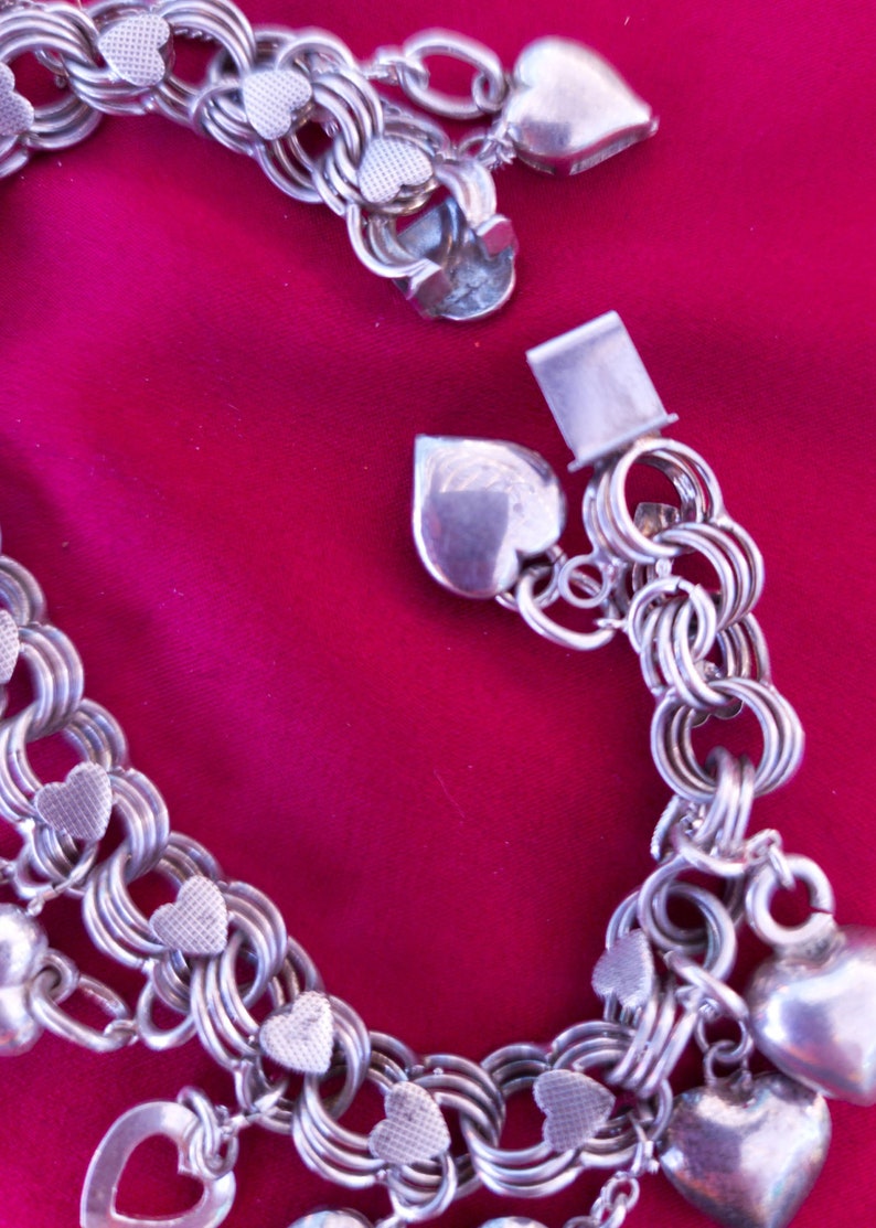 Charm Bracelet Vintage Sterling Silver Puffy Heart Diamond Padlock Key 1940's 32.64g image 7