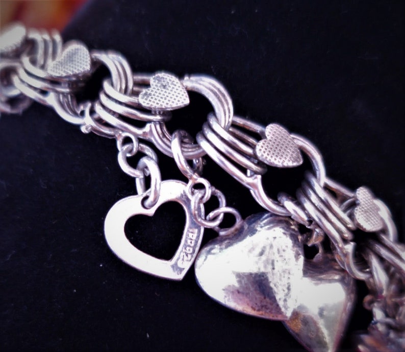 Charm Bracelet Vintage Sterling Silver Puffy Heart Diamond Padlock Key 1940's 32.64g image 8