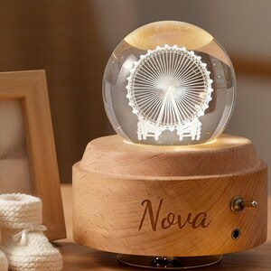 Personalized Wooden Crystal Ball Music Box,Custom Engraved Rotating Crystal Ball with LED Light,Baby Shower Keepsake Gift,Music Box for Kids