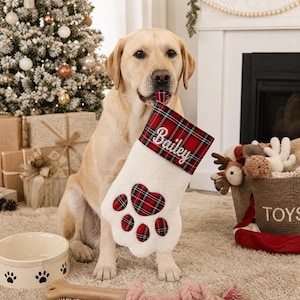 Puede incluir: Un calcetín navideño de peluche blanco con forma de pata y un puño de cuadros rojos y negros con el nombre Bailey bordado. El calcetín tiene una almohadilla central grande en forma de corazón y cuatro almohadillas circulares más pequeñas.