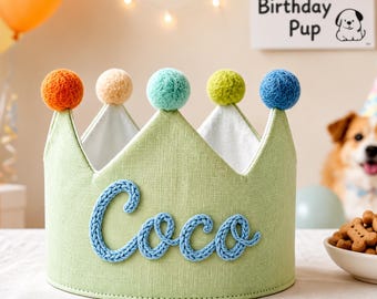 Corona de cumpleaños personalizada para perros, gorro de fiesta para mascotas con nombre personalizado, gorro de cumpleaños para cachorros de recuerdo, gorro de primer cumpleaños para cachorros, gorro de fiesta de lino hecho a mano
