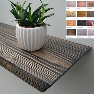 Può includere: Uno scaffale in legno scuro con un bordo leggermente arrotondato. Un vaso bianco con una pianta succulenta è appoggiato sullo scaffale.