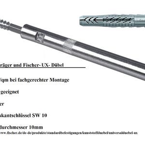 May include: A silver metal rod with a threaded end and a hex head. The rod is labeled "Lieferung inkl. Stahltr&auml;ger und Fischer-UX-D&uuml;bel" and has a description of its features and uses. The image also shows a close-up of a silver plastic anchor.