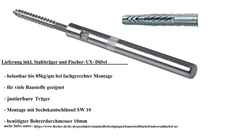 May include: A silver metal rod with a threaded end and a hex head. The rod is labeled "Lieferung inkl. Stahltr&auml;ger und Fischer-UX-D&uuml;bel" and has a description of its features and uses. The image also shows a close-up of a silver plastic anchor.