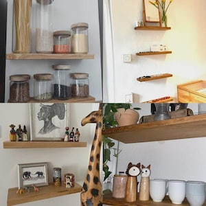 Pu&ograve; includere: Mensole in legno con vari oggetti, tra cui barattoli di vetro, figurine decorative e una statua di giraffa. Le mensole sono montate su una parete bianca.