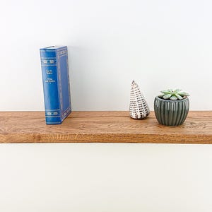 May include: A wooden shelf with a blue book, a small white ceramic cone, and a potted succulent plant. The shelf is made of natural wood with a light brown stain.