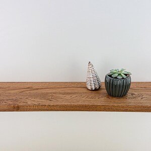 May include: A wooden shelf with a natural finish, featuring a small potted succulent plant and a white ceramic object. The shelf is mounted on a white wall.