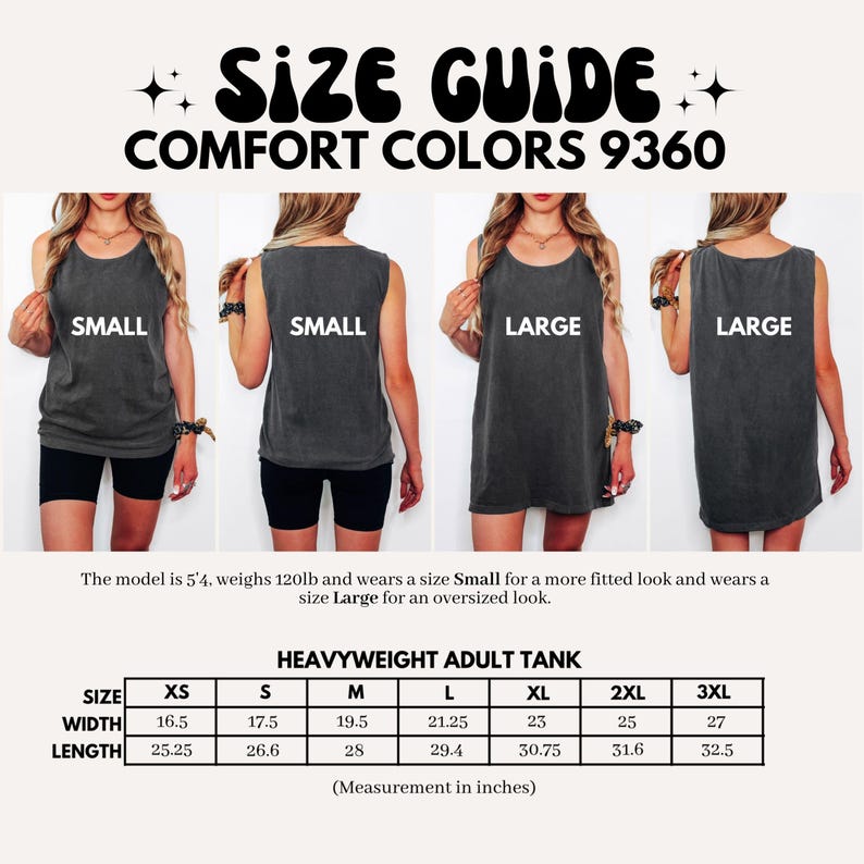May include: Size guide for Comfort Colors 9360 heavyweight adult tank tops. The image shows models wearing small and large sizes. Measurements are provided in inches, with widths ranging from 16.5 to 27 inches and lengths from 25.25 to 32.5 inches.