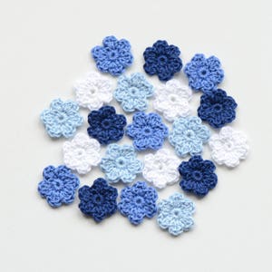 Mini Crochet Flowers Blue Tiny Applique Set Knit Small Crochet Flower Card Making Motif Knitted Mini Flowers Embellishment Flower, 20pcs.