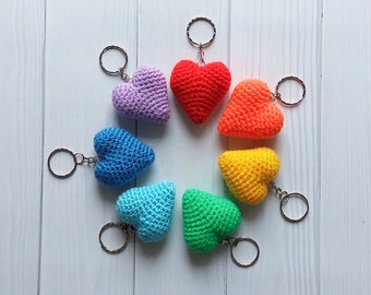 Cute heart keyring Crochet keychain Small rainbow knit toy