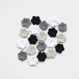 Mini Crochet Flowers Gray Tiny Applique Set Knit Small Crochet Flower Card Making Motif Knitted Mini Flowers Embellishment Flower, 20pcs.