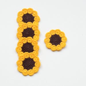 Aplique de girasol Adorno de flores de ganchillo Algodón amarillo Tarjeta con motivo Fabricación de álbumes de recortes, 5 piezas