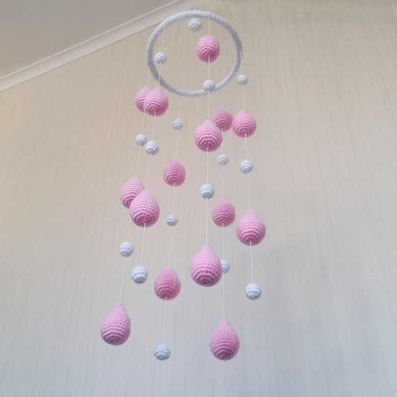 Pink Rain Mobile Raindrop Baby Girl Nursery Mobile Hanging Ceiling Baby Shower Crochet Mobile Crib Mobile Cot Pink Baby Room Modern Decor
