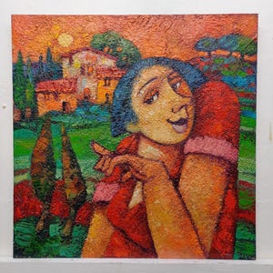 Landscape Figure Painting Oil Painting on Board Cm40x40 Art Furnishing Gift Idea Home Decoration