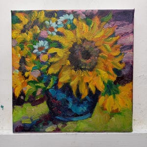 Painting Vase of Sunflowers Gift Idea Oil on canvas 20x20 cm Home Decor Furnishing Accessory