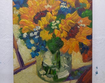 Mini cuadro de girasol al óleo sobre lienzo de 13x18 cm. Idea de regalo. Arte italiano. Decoración del hogar.