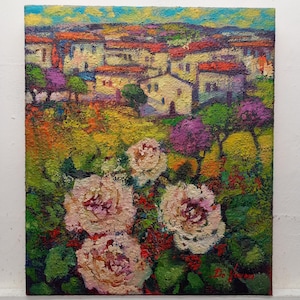Painting Landscape Flowers Roses Oil on canvas 30x35 cm Home decor Living room wall decoration