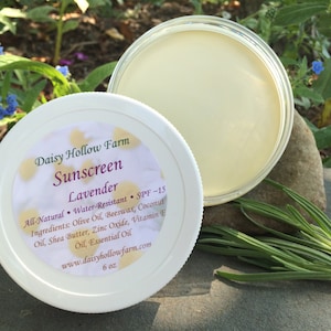 May include: A white jar of Daisy Hollow Farm Lavender Sunscreen with a white lid. The jar is labeled with the product name, ingredients, and website address. The jar is sitting on a gray rock with a sprig of lavender.