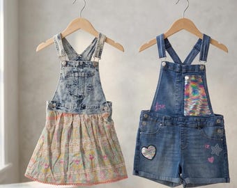 Jordache Girls Denim Bundle: Sequin Heart Shortalls Size 18 and Boho Acid Wash Pom Pom Overall Dress Size 6, Great Condition