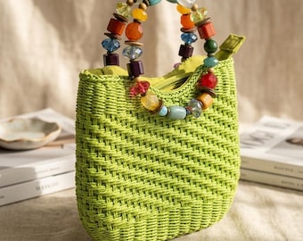Vtg Cappelli Straworld Lime Green Woven Handbag Y2K Boho Chunky Bead Handle Tote- very clean & vibrant color!