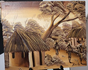 Vintage Haitian Folk Art Painting Signed Bouta - Impasto Village Scene on Burlap - this is a beauty! 8x10" Nailed edges