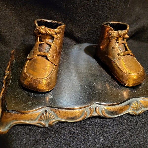 Vintage Metal Set Bronze baby Shoes, 9", 1960's Mounted- Perfect for your vintage nursery!