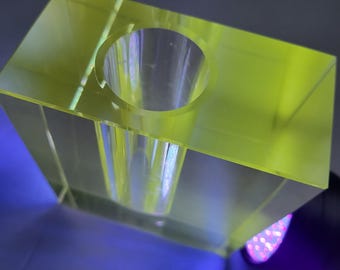 Vintage Vaseline Glass Block Bud Vase - Heavy Uranium Art Glass - Faceted Geometric MCM - briliant neon green glow! Lead Crystal feel
