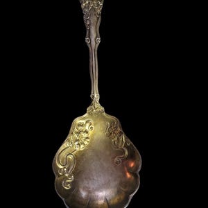 May include: A vintage silver serving spoon with an ornate floral design. The spoon has a long, slender handle and a wide, shallow bowl.
